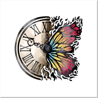 BUTTERFLY AND VINTAGE CLOCK Posters and Art